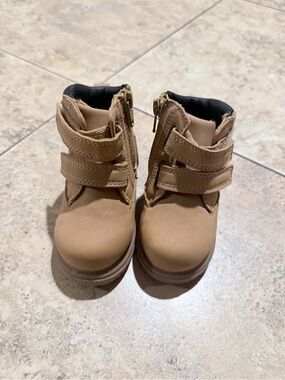 Kids Tan Ankle Boots with Dual Hook-and-Loop Straps